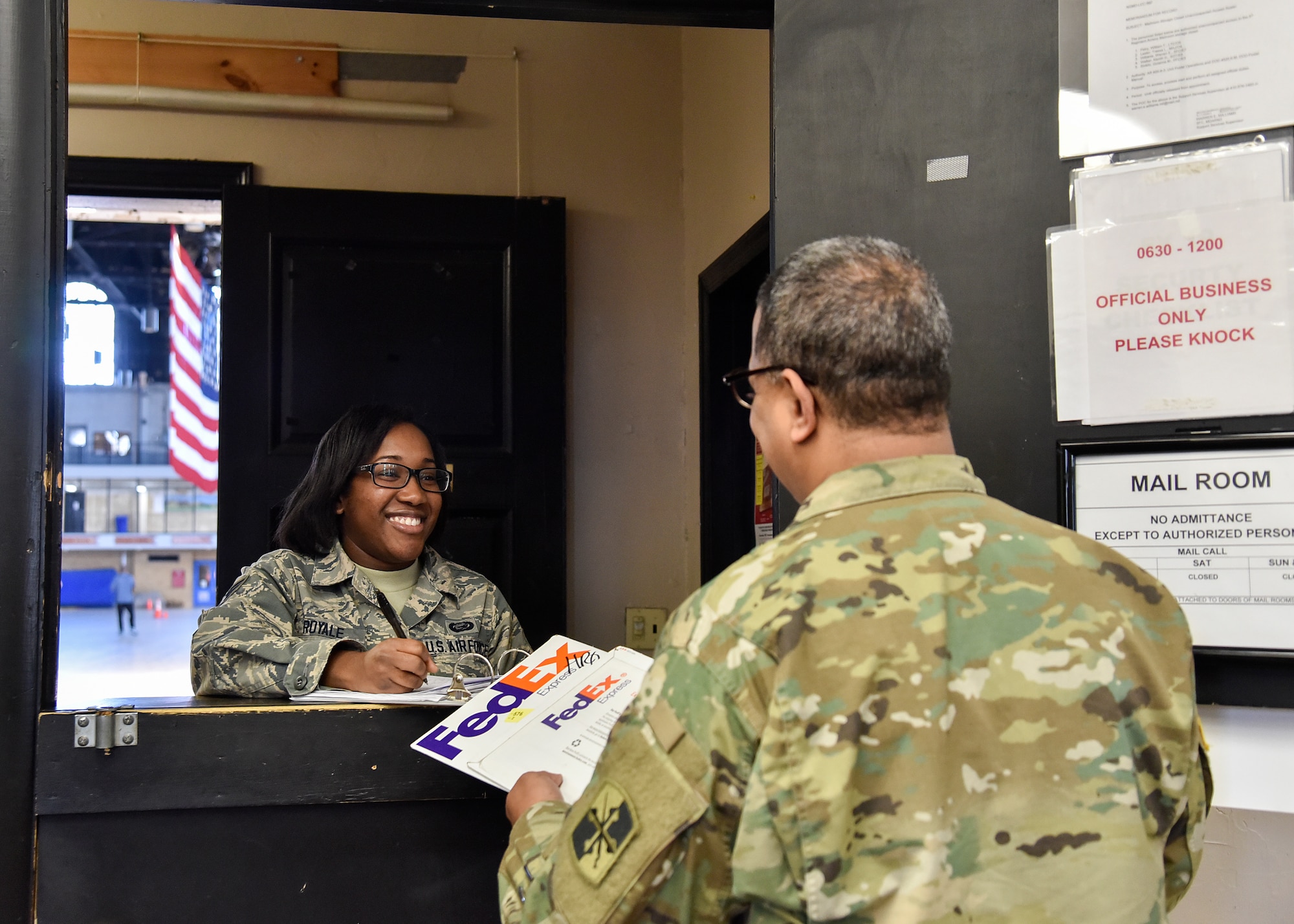 Staff Sgt. Lorena Royale, personnel specialist, Maryland Air National Guard, Joint Force Headquarters, collects mail for the personnel office, February 12, 2019, at the Fifth Regiment Armory, Baltimore, Maryland. Royale has been a member of the MDANG since 2014.