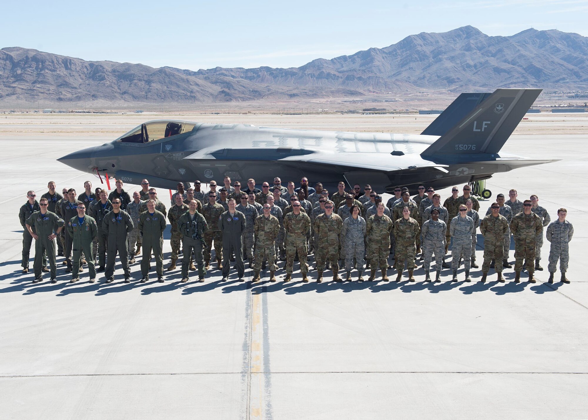 Members of the 62nd Fighter Squadron from Luke Air Force Base pose for a group photo March 9, 2019, at Nellis Air Force Base, Nev.  The team traveled to Nellis AFB to participate in Red Flag, exercise 19-2, and included Italian, Norwegian and U.S. personnel.