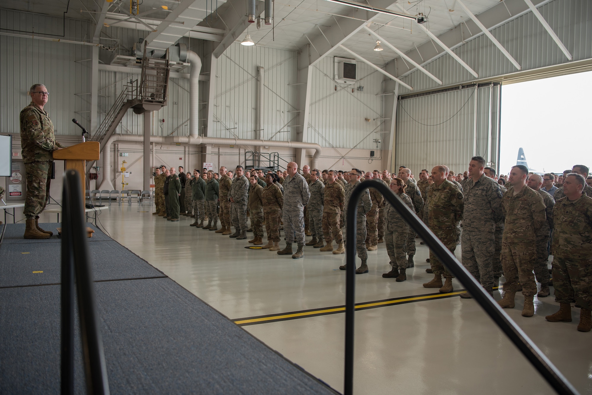 Col. David Mounkes, commander of the 123rd Airlift Wing, speaks to unit members during a ceremony at the Kentucky Air National Guard Base in Louisville, Ky., March 10, 2019. The ceremony, which highlighted the unit’s accomplishments over the past year, concluded with the presentation of the wing’s 18th Air Force Outstanding Unit Award. (U.S. Air National Guard photo by Staff Sgt. Joshua Horton)