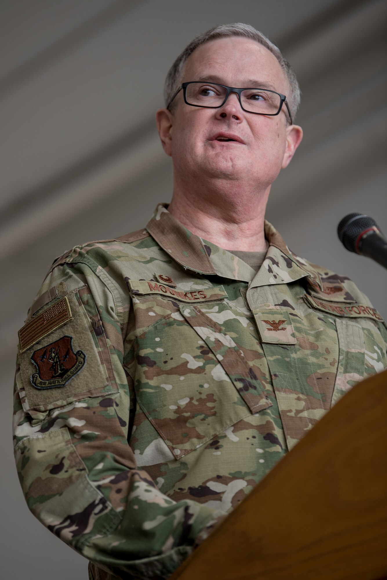 Col. David Mounkes, commander of the 123rd Airlift Wing, speaks to unit members during a ceremony at the Kentucky Air National Guard Base in Louisville, Ky., March 10, 2019. The ceremony, which highlighted the unit’s accomplishments during the past year, concluded with the presentation of the wing’s 18th Air Force Outstanding Unit Award. (U.S. Air National Guard photo by Staff Sgt. Joshua Horton)