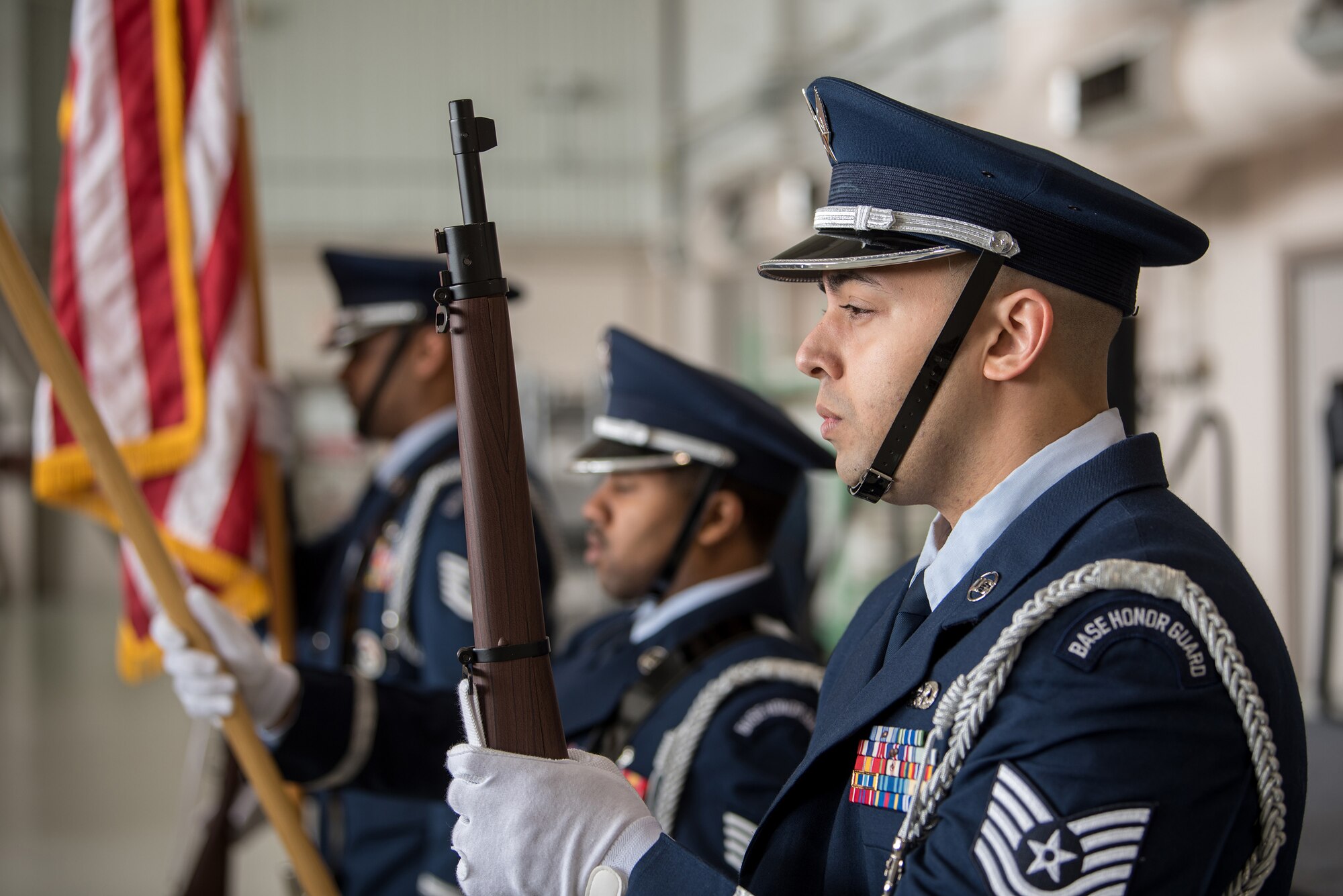 The 123rd Airlift Wing Color Guard presents the colors during a ceremony at the Kentucky Air National Guard Base in Louisville, Ky., March 10, 2019, celebrating the wing’s accomplishments over the past year. The ceremony concluded with the presentation of the wing’s 18th Air Force Outstanding Unit Award. (U.S. Air National Guard photo by Staff Sgt. Joshua Horton)
