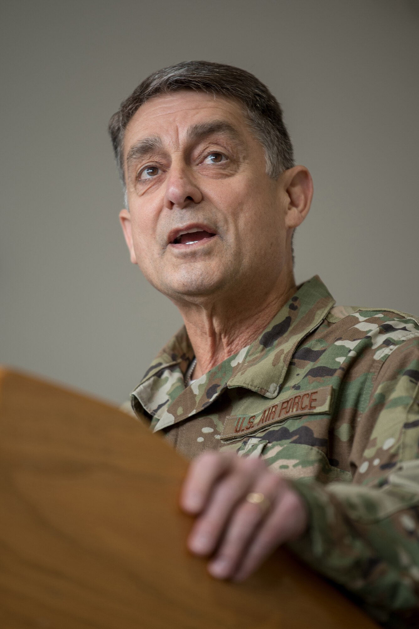 Brig. Gen. Warren Hurst, Kentucky’s assistant adjutant general for Air, speaks to members of the 123rd Airlift Wing during a ceremony at the Kentucky Air National Guard Base in Louisville, Ky., March 10, 2019. The ceremony, which highlighted the unit’s accomplishments during the past year, concluded with the presentation of the wing’s 18th Air Force Outstanding Unit Award. (U.S. Air National Guard photo by Staff Sgt. Joshua Horton)