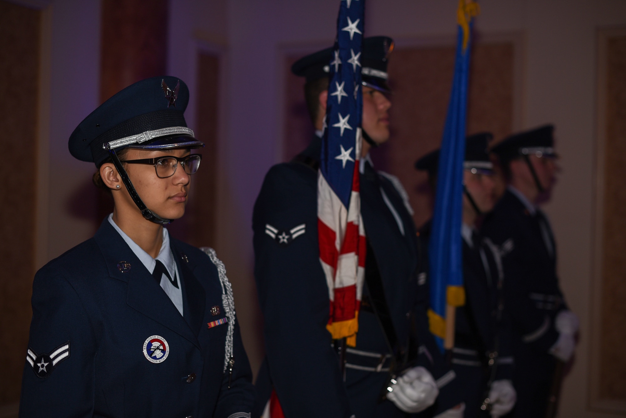 Four Airmen from the Joint Base McGuire-Dix-Lakehurst Honor Guard prepare for their performance during the 87th Air Base Wing Dining Out celebration at The Merion event center in Cinnaminson, N.J., March 22, 2019. The dining out was the first of many celebrations to come in the year of 2019, which symbolize the installation’s ten-year anniversary since becoming a tri-service joint base in 2009. (U.S. Air Force photo by Airman 1st Class Ariel Owings)