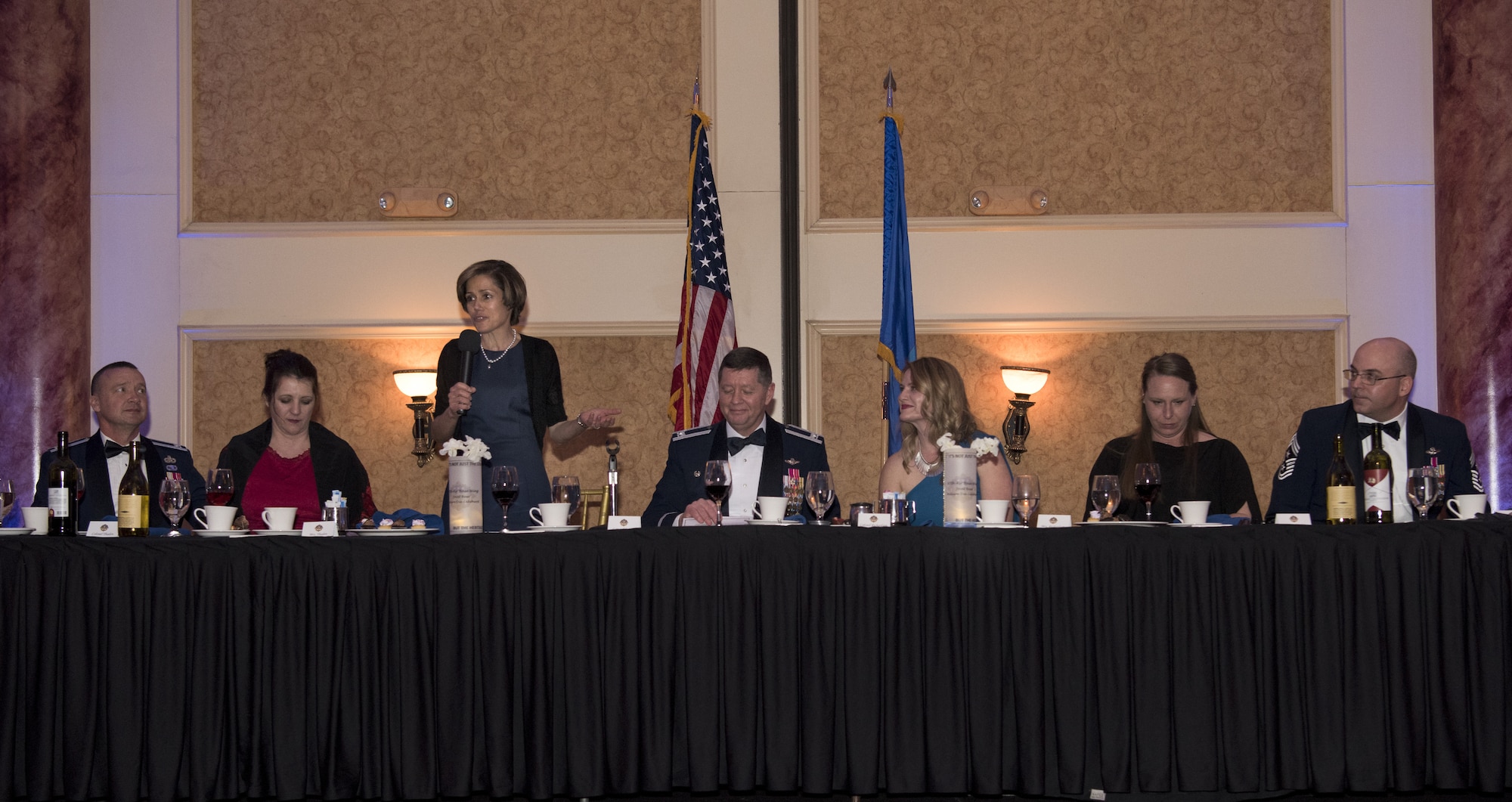 U.S. Air Force retired Lt. Gen. Gina Grosso speaks during the 87th Air Base Wing Dining Out celebration at The Merion event center in Cinnaminson, N.J., March 22, 2019. Grosso took command of the installation as a colonel and became the first commander of Joint Base McGuire-Dix-Lakehurst in 2009. (U.S. Air Force photo by Airman 1st Class Ariel Owings)