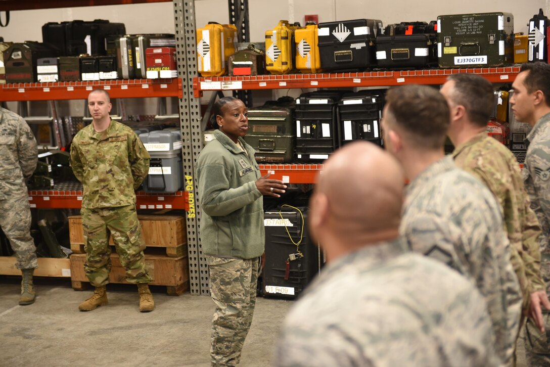 Chief Master Sgt. Rochelle Hemingway, the 28th Bomb Wing command chief, speaks to Airmen from the 28th Aircraft Maintenance Squadron at Ellsworth Air Force, S.D., March 26, 2019. Hemingway went to the 28th AMXS to meet with an outstanding performer. While there, she encouraged Airmen to continue to do great things. (U.S. Air Force photo by Senior Airman Michella Stowers)
