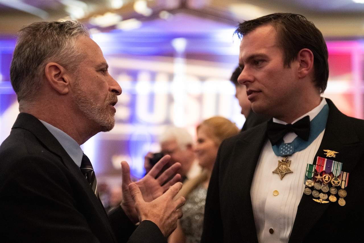 Jon Stewart speaks with Medal of Honor recipient