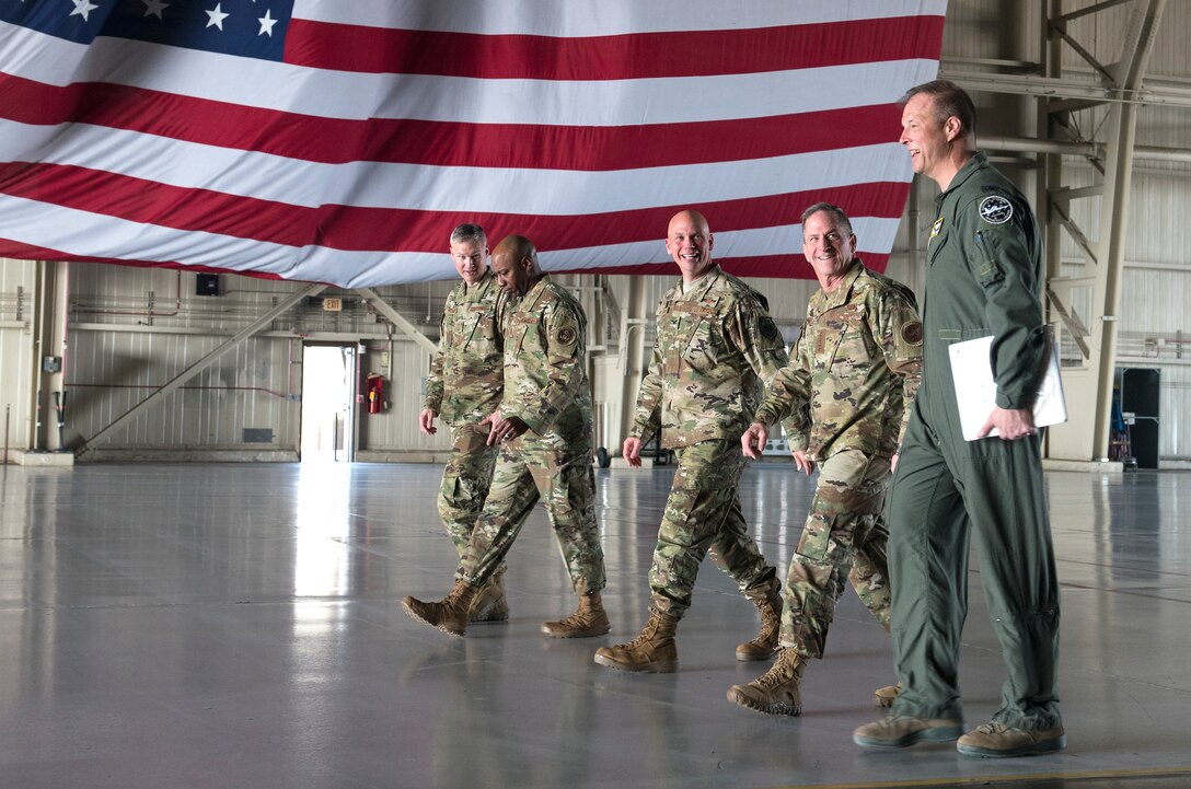 Air Force Chief of Staff Gen. David L. Goldfein and Chief Master Sgt. of the Air Force Kaleth O. Wright visit Offutt Air Force Base, Nebraska, March 27, 2019, to survey damage caused by recent flooding and to meet with Team Offutt Airmen. A record-setting snowfall over the winter, in addition to a large drop in air pressure, caused widespread flooding of nearby rivers and waterways. (U.S. Air Force photo by Delanie Stafford)