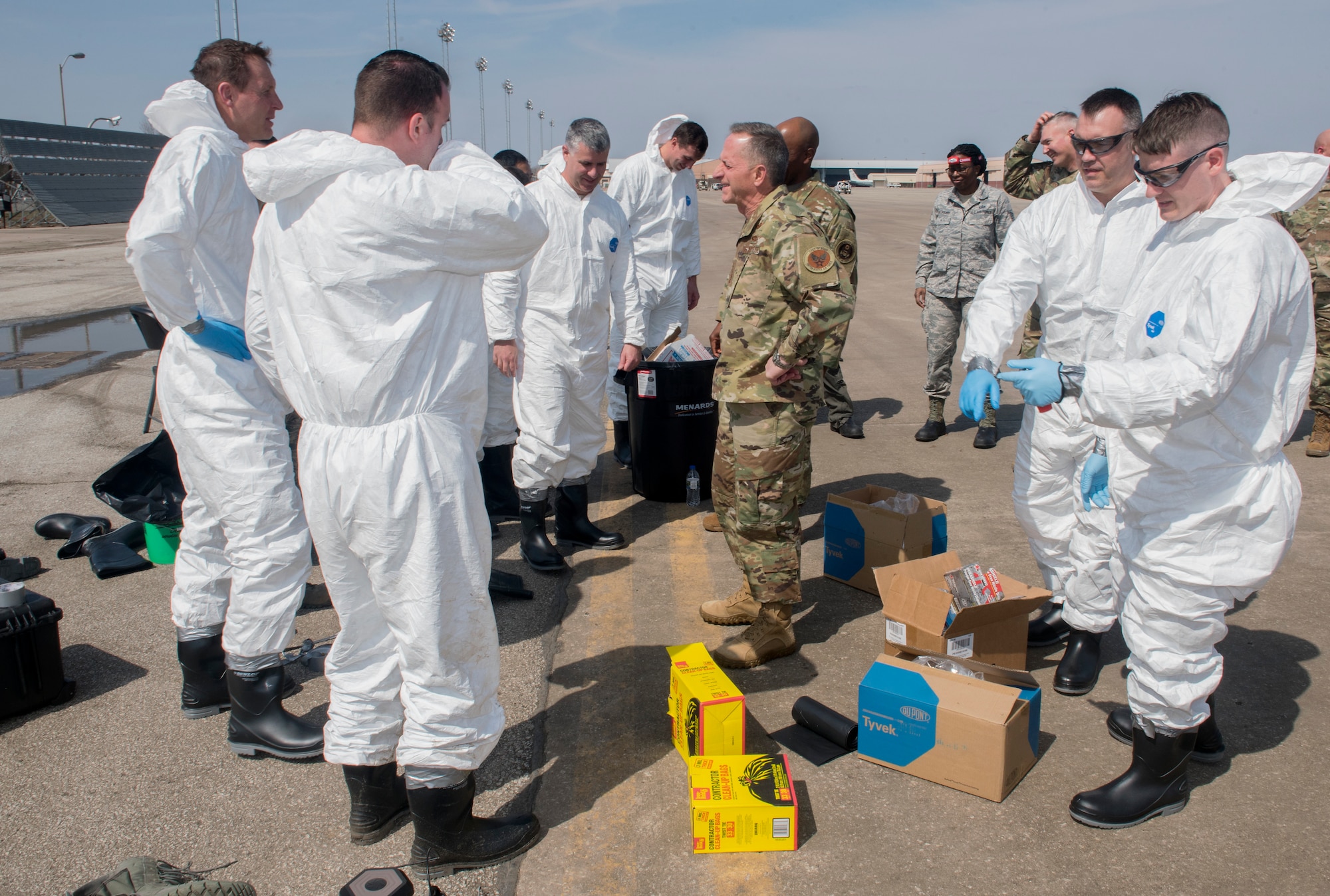 Air Force Chief of Staff Gen. David L. Goldfein talks with Airmen during his visit to Offutt Air Force Base, Nebraska, March 27, 2019. Goldfein and Chief Master Sgt. of the Air Force Kaleth O. Wright stopped by the installation to survey damage caused by recent flooding. (U.S. Air Force photo by Delanie Stafford)