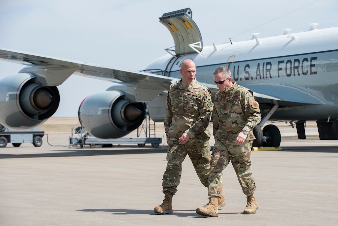 Air Force Chief of Staff Gen. David L. Goldfein, right, talks with Col. Michael Manion, 55th Wing commander, while visiting Offutt Air Force Base, Nebraska, March 27, 2019, to survey damage caused by recent flooding and to meet with Team Offutt Airmen. A record-setting snowfall over the winter, in addition to a large drop in air pressure, caused widespread flooding of nearby rivers and waterways. (U.S. Air Force photo by Delanie Stafford)
