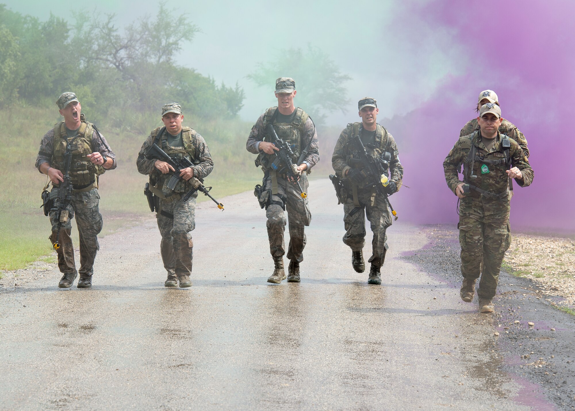 Airmen from the Air National Guard Air Force Defender’s Challenge Team 2018 run to the finish line of the dismounted operations portion of the competition at Camp Bullis, San Antonio, Texas, on Sept. 12, 2018