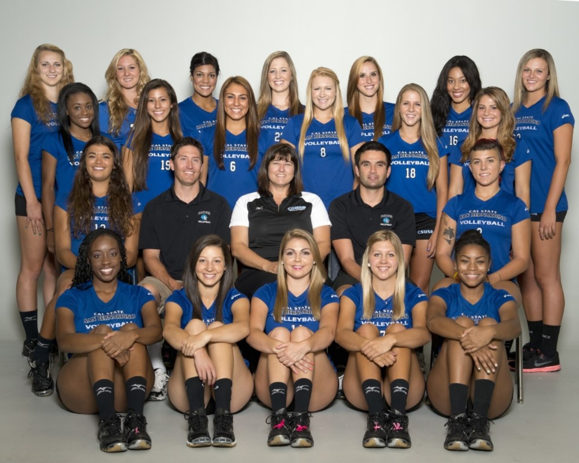 Senior Airman Jade Cairns (bottom right), 60th Diagnostics and Therapeutics Squadron medical laboratory technician, poses for a team photo for her 2012 roster at California State University San Bernardino. Cairns joined the Air Force in 2016 and was accepted to play on the 2019 Air Force Women's Volleyball Team. (courtesy photo)