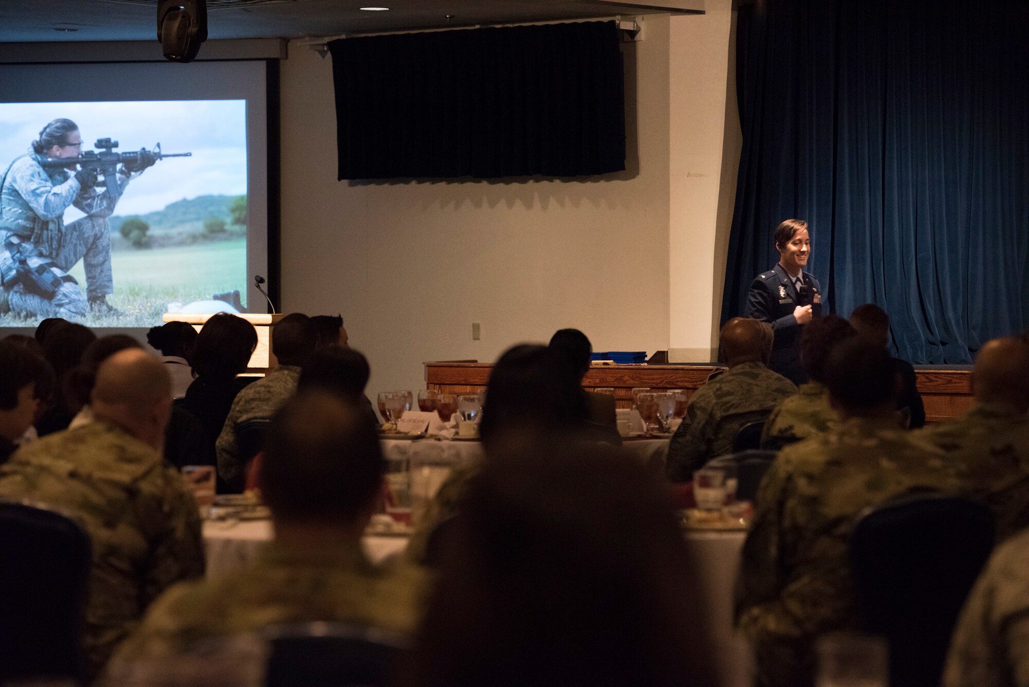 2nd Lt. Chelsey Hibsch, 374th Force Support Squadron officer in charge of logistics and supply, speaks during a Women’s History Month luncheon at Yokota Air Base, Japan, March 26, 2019.
