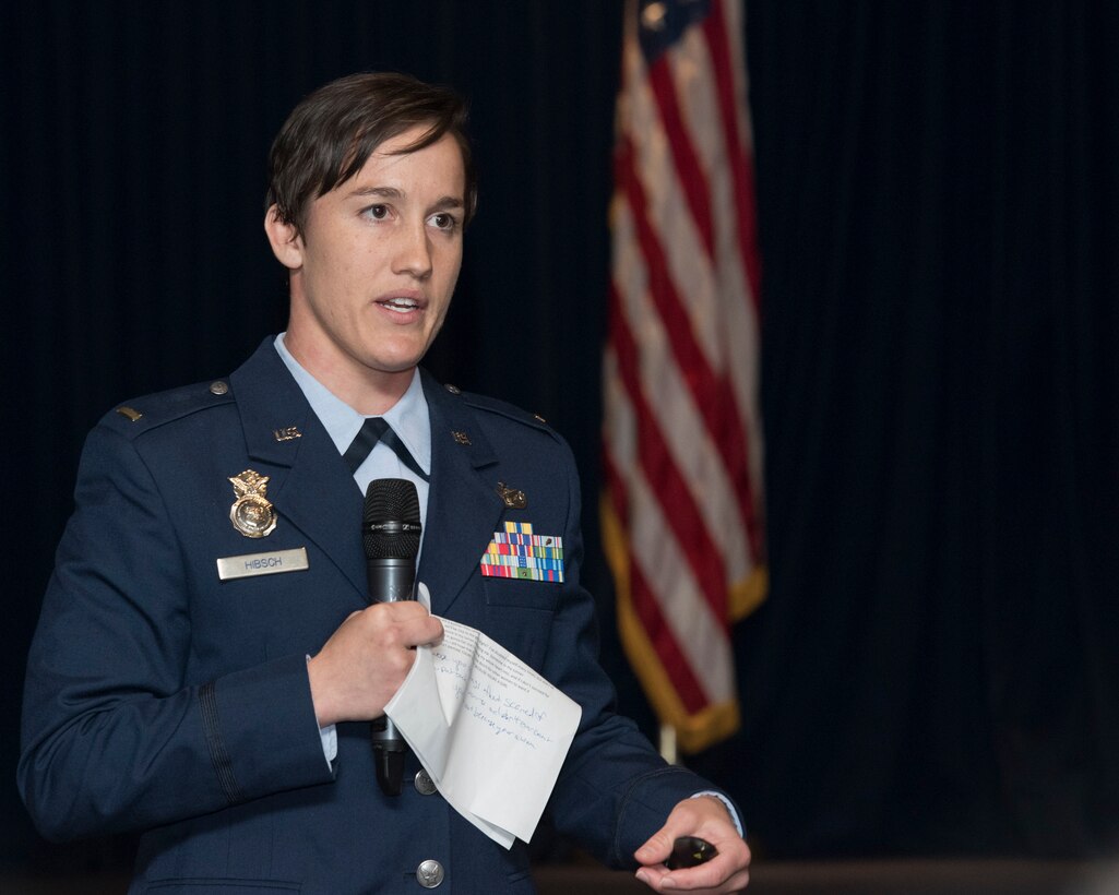 2nd Lt. Chelsey Hibsch, 374th Force Support Squadron officer in charge of logistics and supply, speaks during a Women’s History Month luncheon at Yokota Air Base, Japan, March 26, 2019.