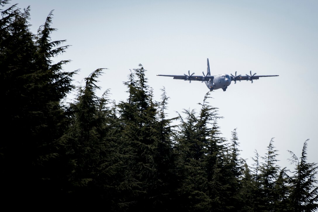 A 36th Airlift Squadron C-130J Super Hercules approaches the flightline for landing during the Yokota C-130J Rodeo March 22, 2019, at Yokota Air Base, Japan. The rodeo is a friendly competition between flights within the 36th Airlift Squadron and the 374th Operations Support Squadron that promotes tactical readiness and execution of various airlift capabilities. (U.S. Air Force photo by Senior Airman Donald Hudson)