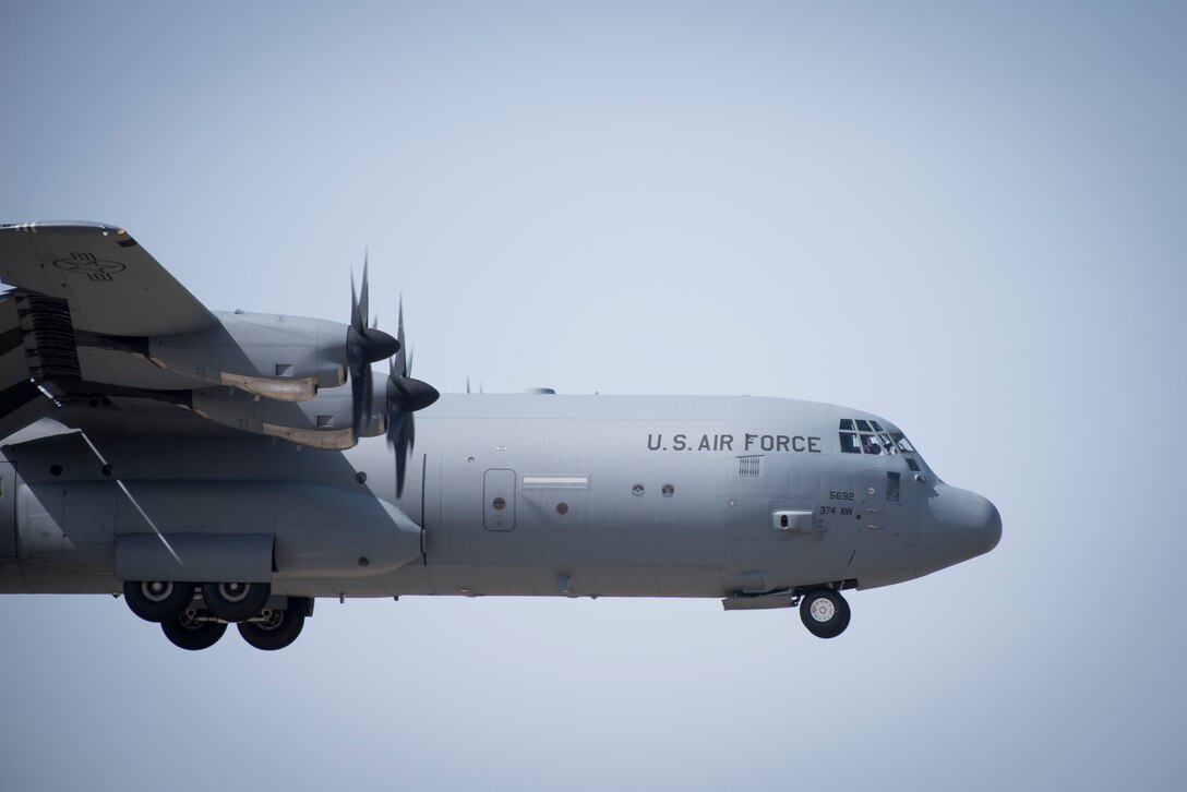 A 36th Airlift Squadron C-130J Super Hercules prepares to land during the Yokota C-130J Rodeo March 22, 2019, at Yokota Air Base, Japan. The competition consisted of six events in execution and precision of various aircraft loading, offloading, and flying operations. (U.S. Air Force photo by Senior Airman Donald Hudson)