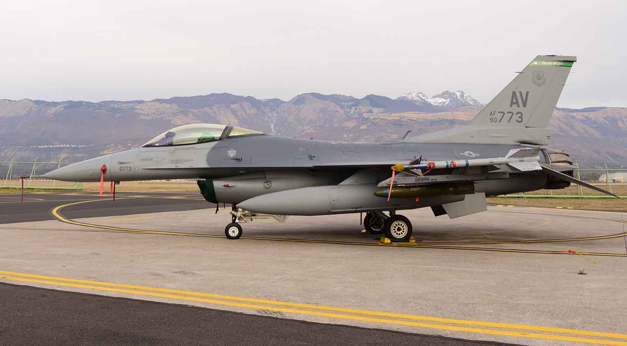 A U.S. Air Force F-16 Fighting Falcon from the 555th Fighter Squadron is on the flightline at Aviano Air Base, Italy, March 27, 2019.