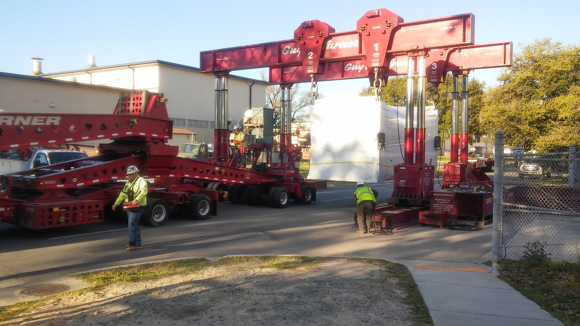 Robins Air Force Base recently received a new fluid cell press used to shape sheet metal into the angles and curves of the skin of aircraft March 22, 2019. The new press weighs in at a whopping 302,000 pounds and took a specialized 210-foot trailer that’s 18-feet, or two-lanes wide to deliver. (U.S. Air Force photo)