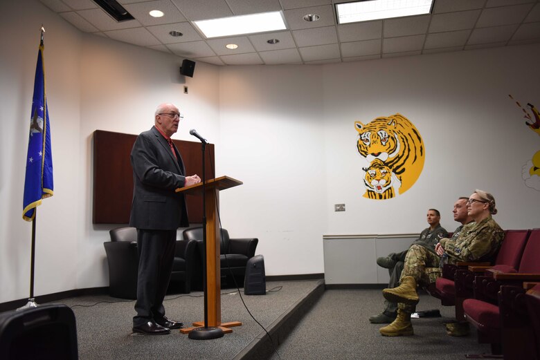 Retired Chaplain (Maj. Gen.) Cecil Richardson, former Air Force Chief of Chaplains, preaches during a National Prayer Breakfast March 20, 2019, on Columbus Air Force Base, Mississippi. The BLAZE Chapel’s new program, Chapel-on-Demand, brings their team and resources to the Airmen so they don’t have to worry about missing work. (U.S. Air Force photo by Senior Airman Beaux Hebert)