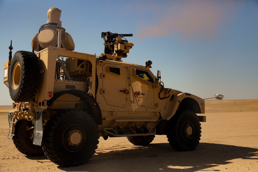 U.S. Marines with 2nd Low Altitude Air Defense Battalion Counter-Unmanned Aerial Systems Detachment, attached to Special Purpose Marine Air-Ground Task Force Crisis Response-Central Command, fire the Marine Air Defense Integrated System Mine Resistant Ambush Protected Vehicle during a live-fire range in southwest Asia Feb. 18, 2019. The MADIS is the first vehicle to utilize kinetic and non-kinetic measures to disable Counter-Unmanned Aerial Systems. SPMAGTF-CR-CC is specifically designed to be capable of deploying aviation, ground, and logistics forces forward at a moment’s notice.