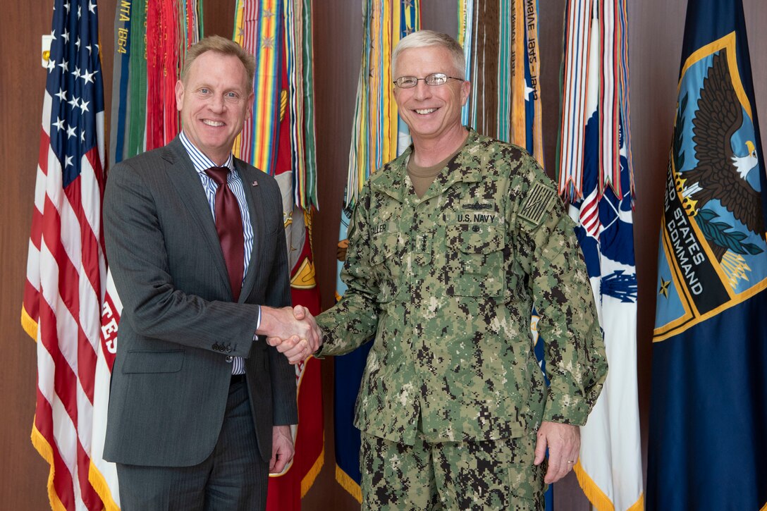 U.S. Acting Secretary of Defense Patrick M. Shanahan meets with Navy Adm. Craig S. Faller.