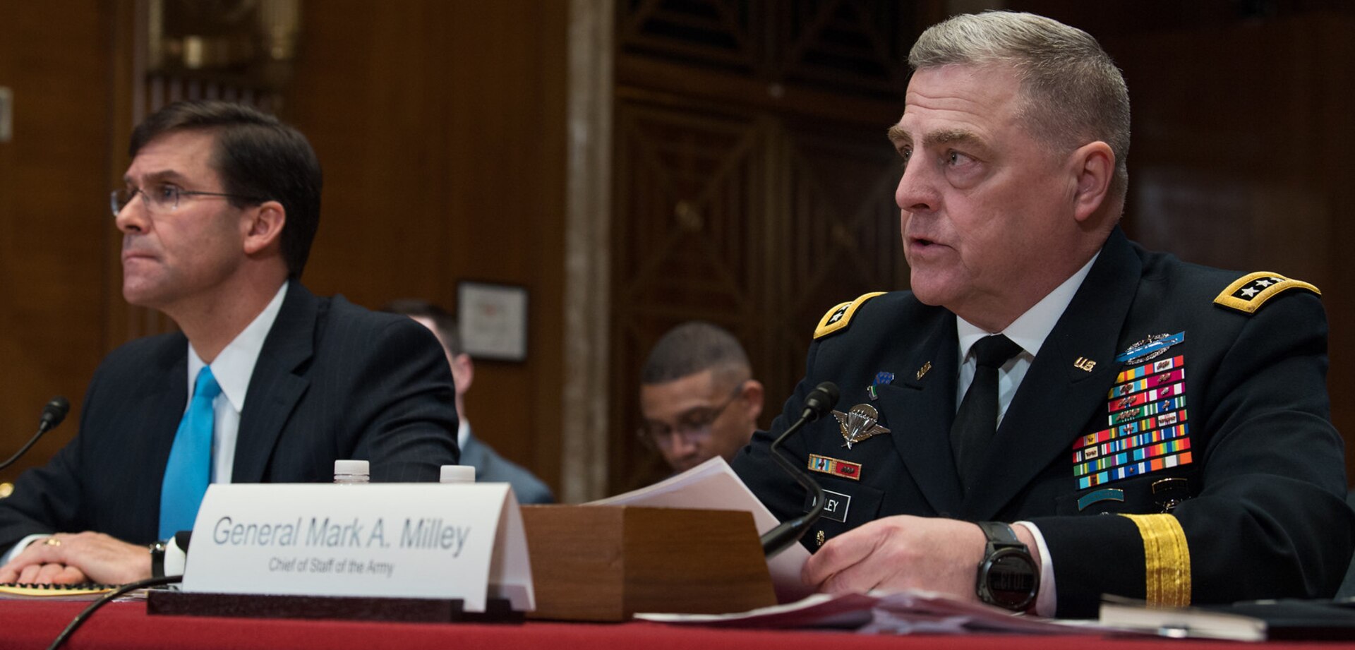 Secretary of the Army Dr. Mark T. Esper and Army Chief of Staff, Gen. Mark A. Milley deliver testimony before the U.S. Senate Committee on Armed Services and the U.S. Senate Committee on Appropriations about the  on the posture of the Department of the Army in review of the Defense Authorization Request for Fiscal Year 2020 and Future Years of Defense Programs, at the Dirksen Senate Office Building, Washington D.C., March 26-27.