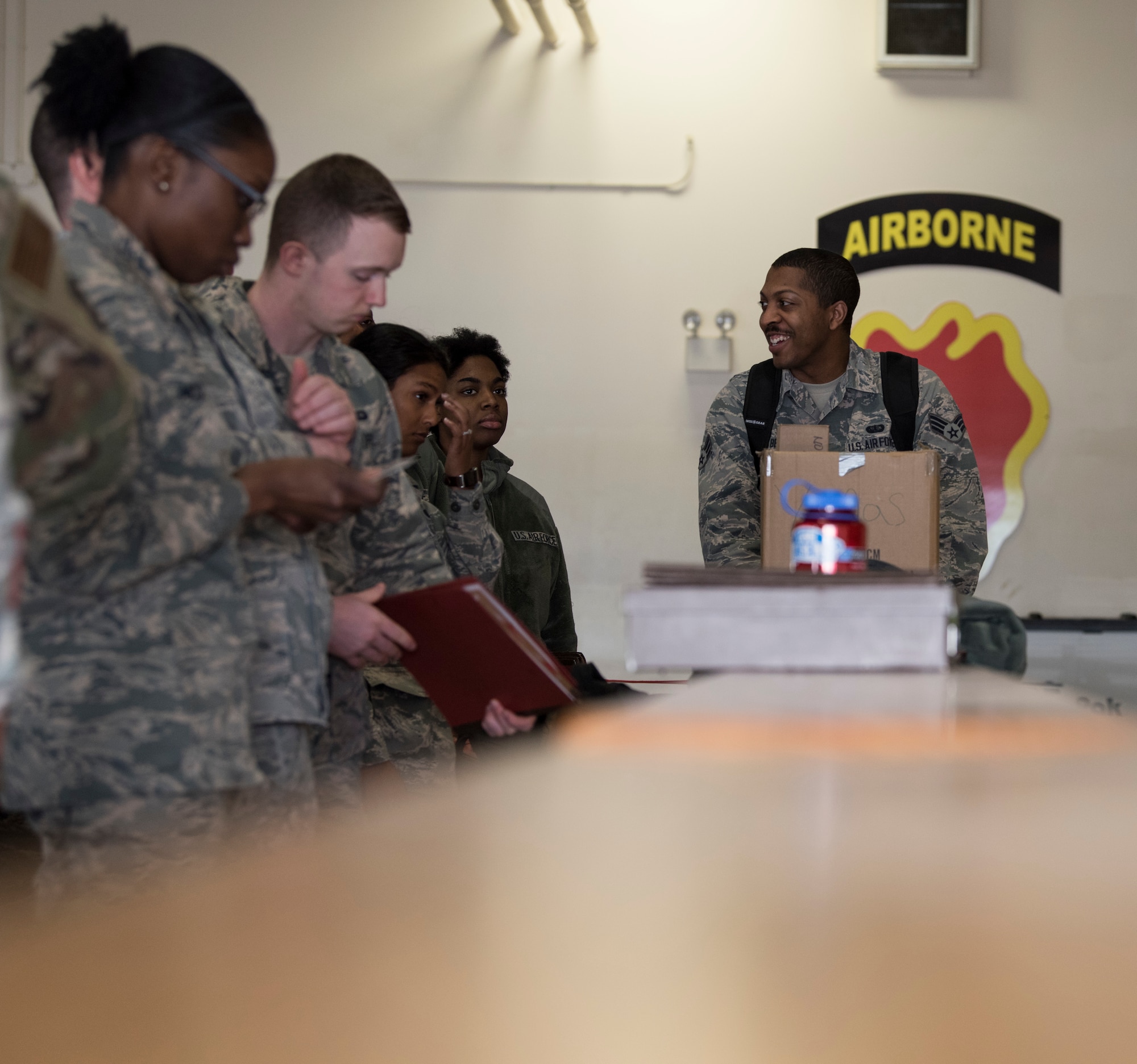 Airmen await for a brief at the Joint Mobility Complex during Polar Force 19-4 at Joint Base Elmendorf-Richardson, Alaska, March 25, 2019. Polar Force is a two-week exercise designed to test JBER’s mission readiness, and develops the skills service members require to face adverse situations.