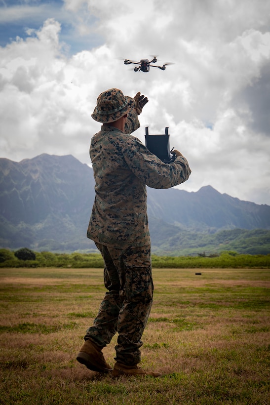 U.S. Marine Corps PFC. Sergio Hoyos, a rifleman with Echo Company, 2nd Battalion, 3rd Marine Regiment, prepares to catch an InstantEye Small Unmanned Aerial System (SUAS) during a Training and Logistics Support Activity - Pacific (TALSA-PAC) capability demonstration, Marine Corps Training Area Bellows, Mar. 27, 2019. Marine Corps Base Hawaii welcomes TALSA-PAC and is excited about new training capabilities it provides for III Marine Expeditionary Force Marines (MEF) through the opening of this activity. The establishment of TALSA-PAC provides III MEF the ability to properly train Marines to effectively employ this capability while conducting operations across the U.S. Indo-Pacific Command area of responsibility. (U.S. Marine Corps photo by Sgt. Jesus Sepulveda Torres)