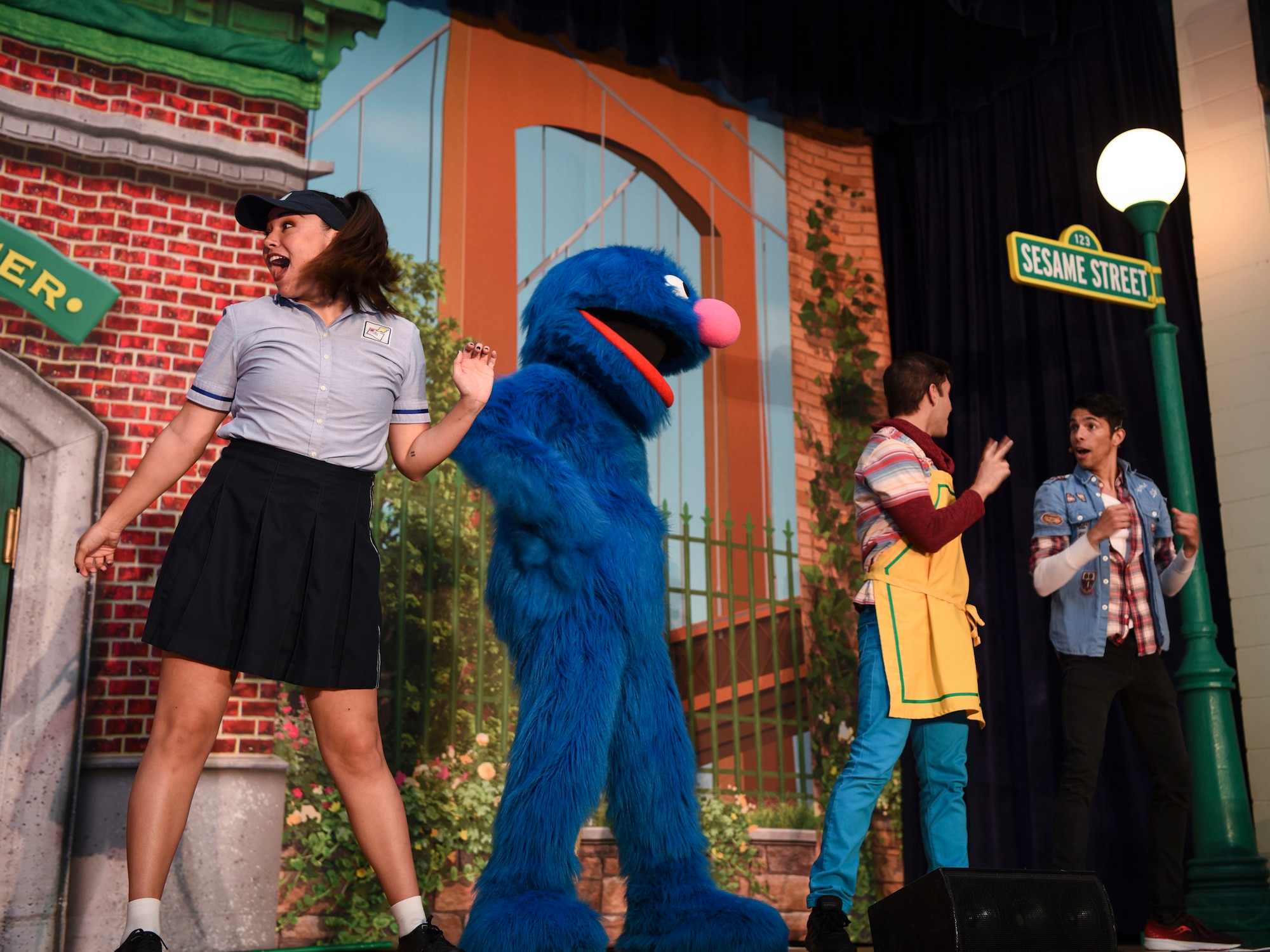 The cast of Sesame Street Live perform a song and dance routine for military families March 26, 2019, on Grand Forks Air Force Base, North Dakota. The performance was themed around community engagement and kindness, and taught children how to keep their communities clean and safe, along with lessons consisting of kindness and sharing. (U.S. Air Force photo by Airman 1st Class Melody Wolff).