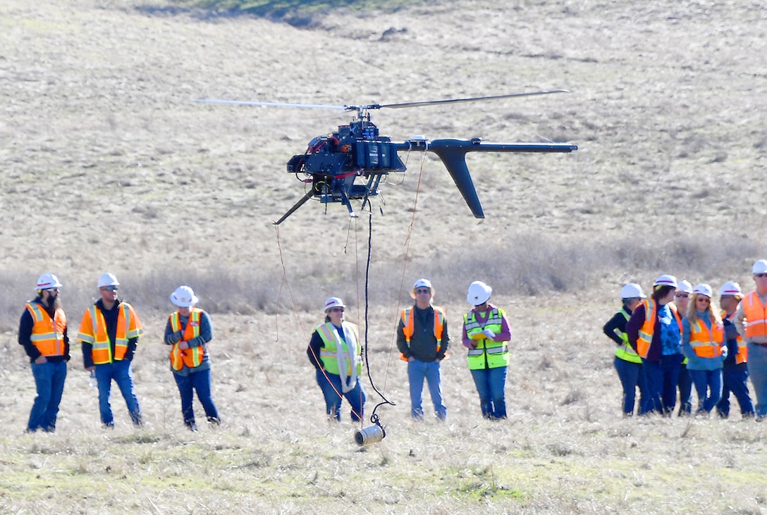 The U.S. Army Corps of Engineers Sacramento District supervises the use of an innovative Unmanned Aerial System (UAS) towing a magnetometer to search for munitions 14 miles east of Marysville on Jan 24, 2019.