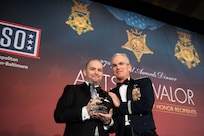 Air Force Gen. Paul J. Selva, vice chairman of the Joint Chiefs of Staff, thanks Former Army Staff Sgt. Ronald Shurer II, an Afghanistan War on Terror Medal of Honor Recipient, during the USO Metropolitan Washington – Baltimore 37th Annual Awards Dinner, March 26, 2019, in Washington, D.C. This year’s theme saluted Medal of Honor Recipients.