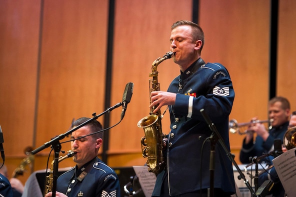 Tech. Sgts. Kristian Baarsvik, right, and Michael Cemprola, Airmen of Note alto saxophonists, perform during a Jazz Heritage Series concert at the Rachel M. Schlesinger Concert Hall and Arts Center on the Northern Virginia Community College campus in Alexandria, Va., March 22, 2019. The Airmen of Note are the U.S. Air Force Band's premier jazz ensemble. (U.S. Air Force photo by Master Sgt. Michael B. Keller)