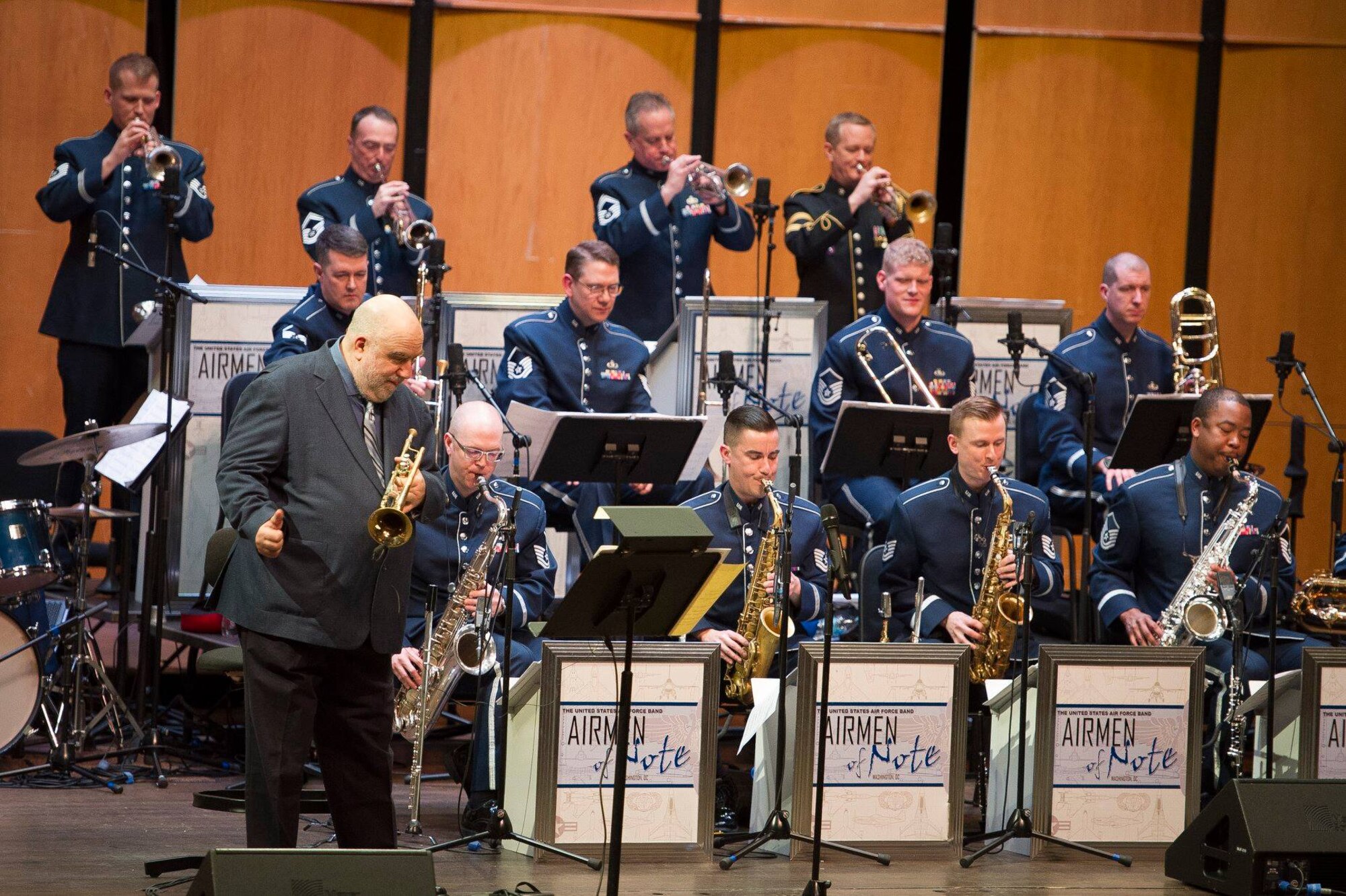 Jazz trumpeter and composer Randy Brecker performs with the U.S. Air Force Band's premier jazz ensemble, Airmen of Note, during a Jazz Heritage Series concert at the Rachel M. Schlesinger Concert Hall and Arts Center on the Northern Virginia Community College campus in Alexandria, Va., March 22, 2019. (U.S. Air Force photo by Master Sgt. Michael B. Keller)