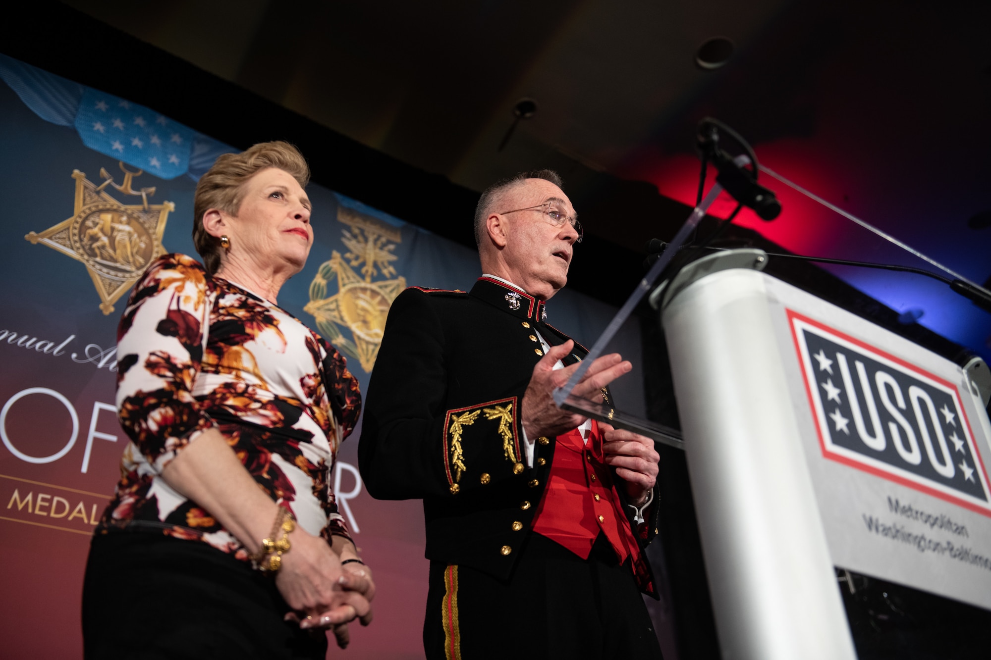 Marine Corps Gen. Joe Dunford, chairman of the Joint Chiefs of Staff, speaks during the USO Metropolitan Washington – Baltimore 37th Annual Awards Dinner, March 26, 2019, in Washington, D.C. This year’s theme saluted Medal of Honor recipients.
