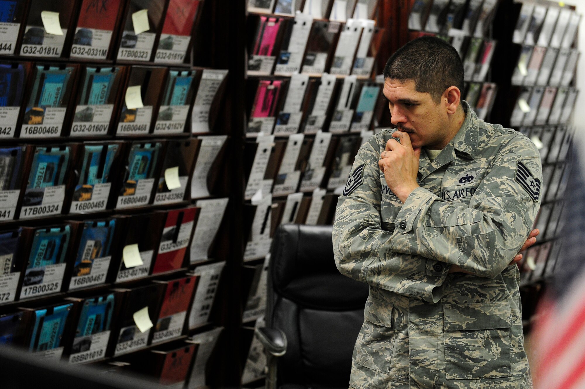 U.S. Air Force Tech. Sgt. Eric Arvelo, compliance section chief for the 773d Logistics Readiness Squadron, listens to a vehicle support request during Polar Force 19-4 at Joint Base Elmendorf-Richardson, Alaska, March 26, 2019. Polar Force is a two-week exercise designed to test JBER’s mission readiness. Exercises like this strengthen and develop the skills service members require when facing adverse situations.