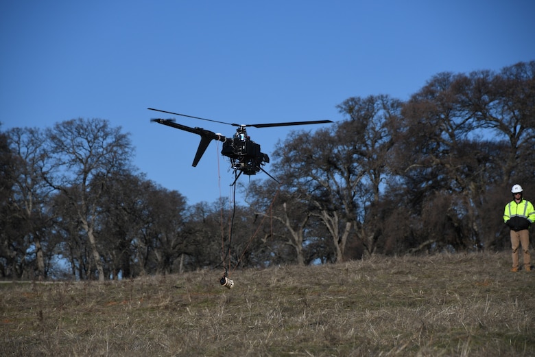 The U.S. Army Corps of Engineers Sacramento District supervises the use of an innovative Unmanned Aerial System (UAS) towing a magnetometer to search for munitions 14 miles east of Marysville on Jan 24, 2019.