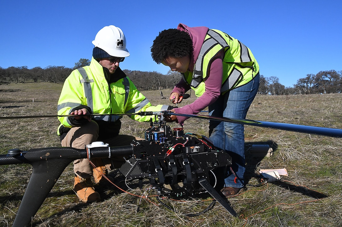 The U.S. Army Corps of Engineers Sacramento District supervises the use of an innovative Unmanned Aerial System (UAS) towing a magnetometer to search for munitions 14 miles east of Marysville on Jan 24, 2019.