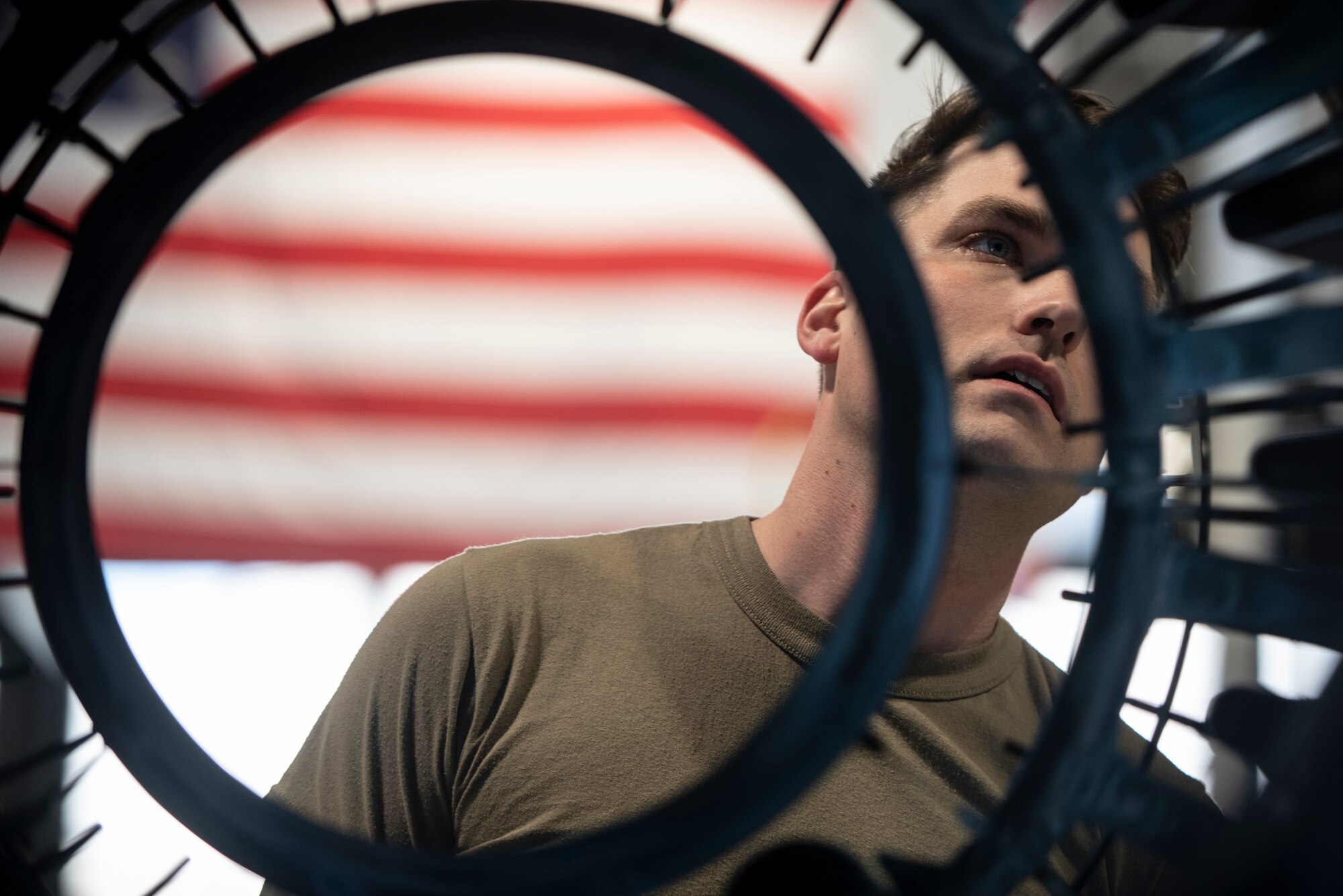 U.S. Air Force Staff Sgt. Jared Erickson, 20th Component Maintenance Squadron aerospace propulsion accessory section craftsman, inspects an F-16 Viper engine at Shaw Air Force Base, S.C., March 27, 2019.