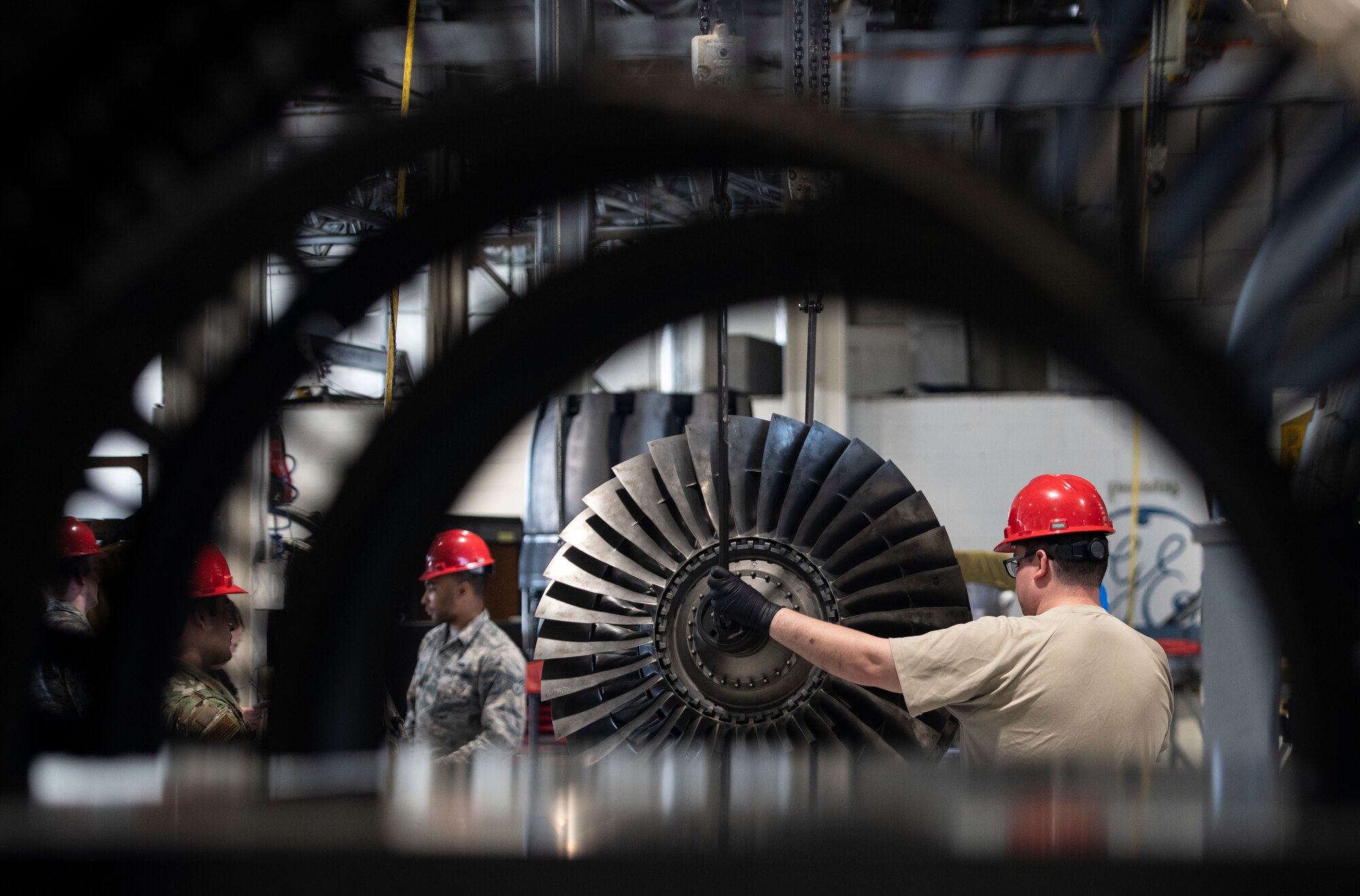 U.S. Airmen assigned to the 20th Component Maintenance Squadron aerospace propulsion flight prepare an F-16 Viper engine fan for installation at Shaw Air Force Base, S.C., March 27, 2019.