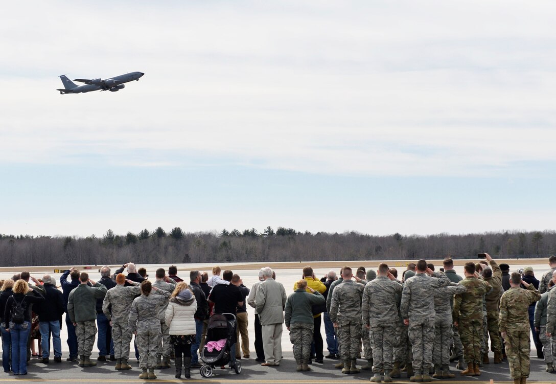 The last KC-135 Stratotanker assigned to the 157th Air Refueling Wing takes off during a divestiture ceremony at Pease Air National Guard Base, N.H. March 24, 2019. The ceremony hornored the aircraft and Airmen who served together during thousands of missions. (U.S. Air National Guard photo by Senior Airman Taylor Queen)