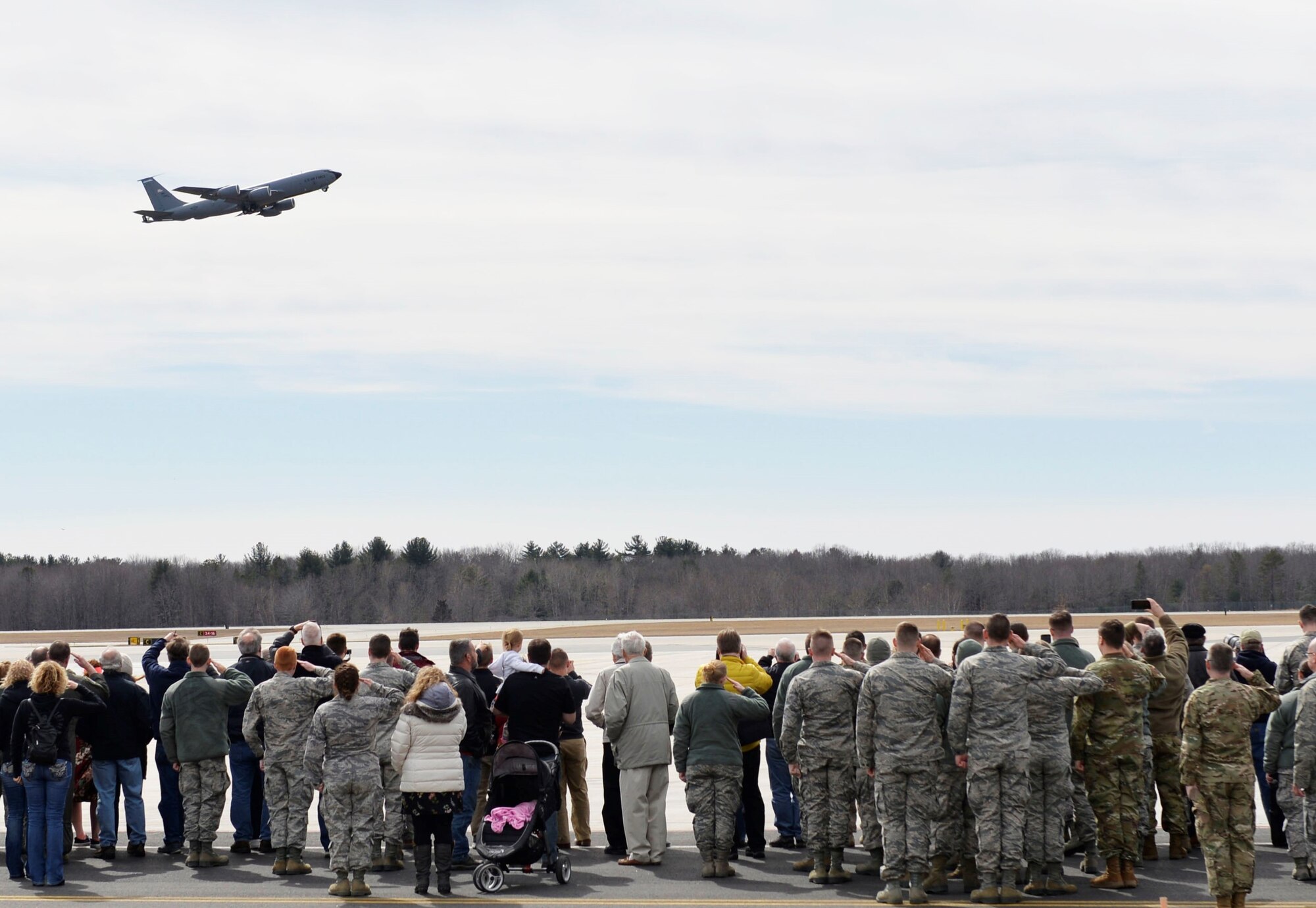 The last KC-135 Stratotanker assigned to the 157th Air Refueling Wing takes off during a divestiture ceremony at Pease Air National Guard Base, N.H. March 24, 2019. The ceremony hornored the aircraft and Airmen who served together during thousands of missions. (U.S. Air National Guard photo by Senior Airman Taylor Queen)