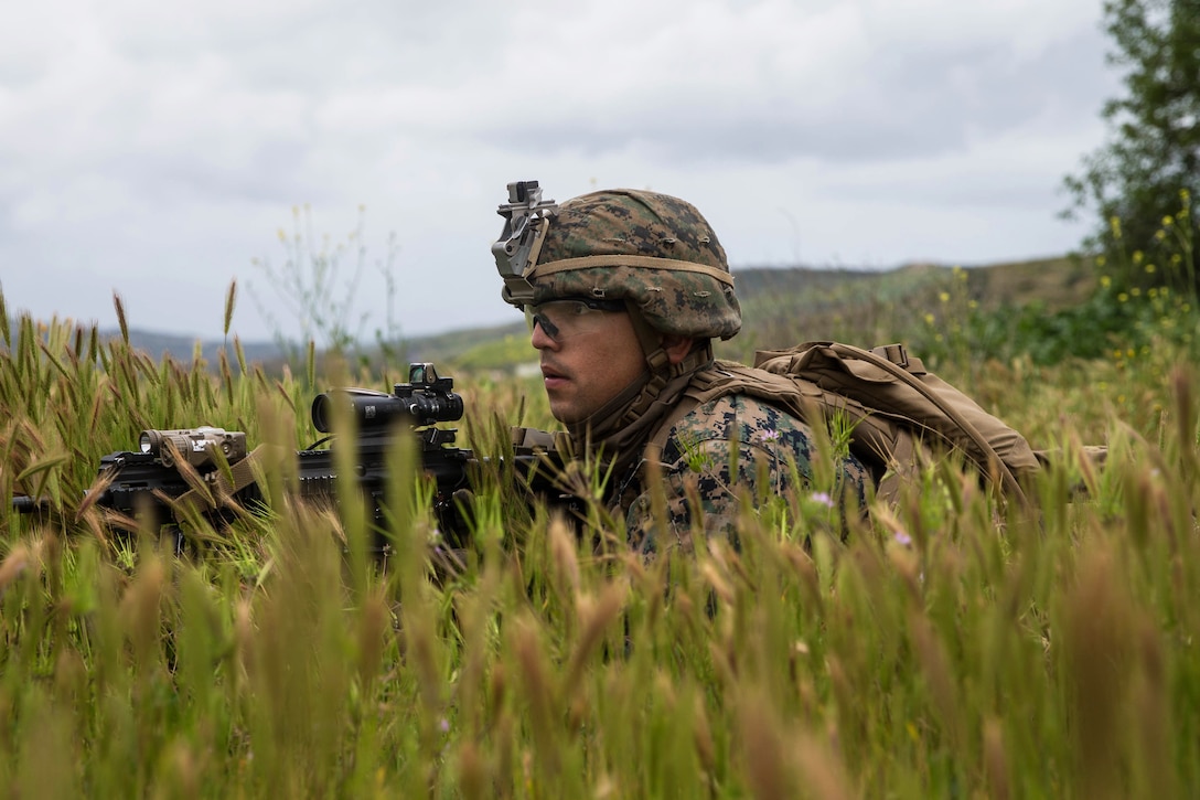 A Marine holding a rifle looks ahead in a field of tall grass.