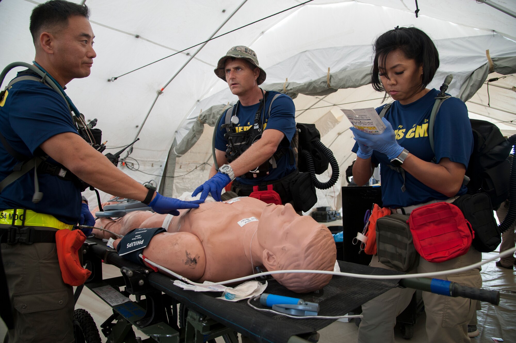 Members of the 154th Medical Group’s Detachment 1 treatment team, Maj. Tim Hiura, Lt. Col. Nathanial Duff and Capt. Ernette Visitacion, provide lifesaving interventions during an evaluation exercise March 9, 2019, at Kalaeloa, Hawaii.