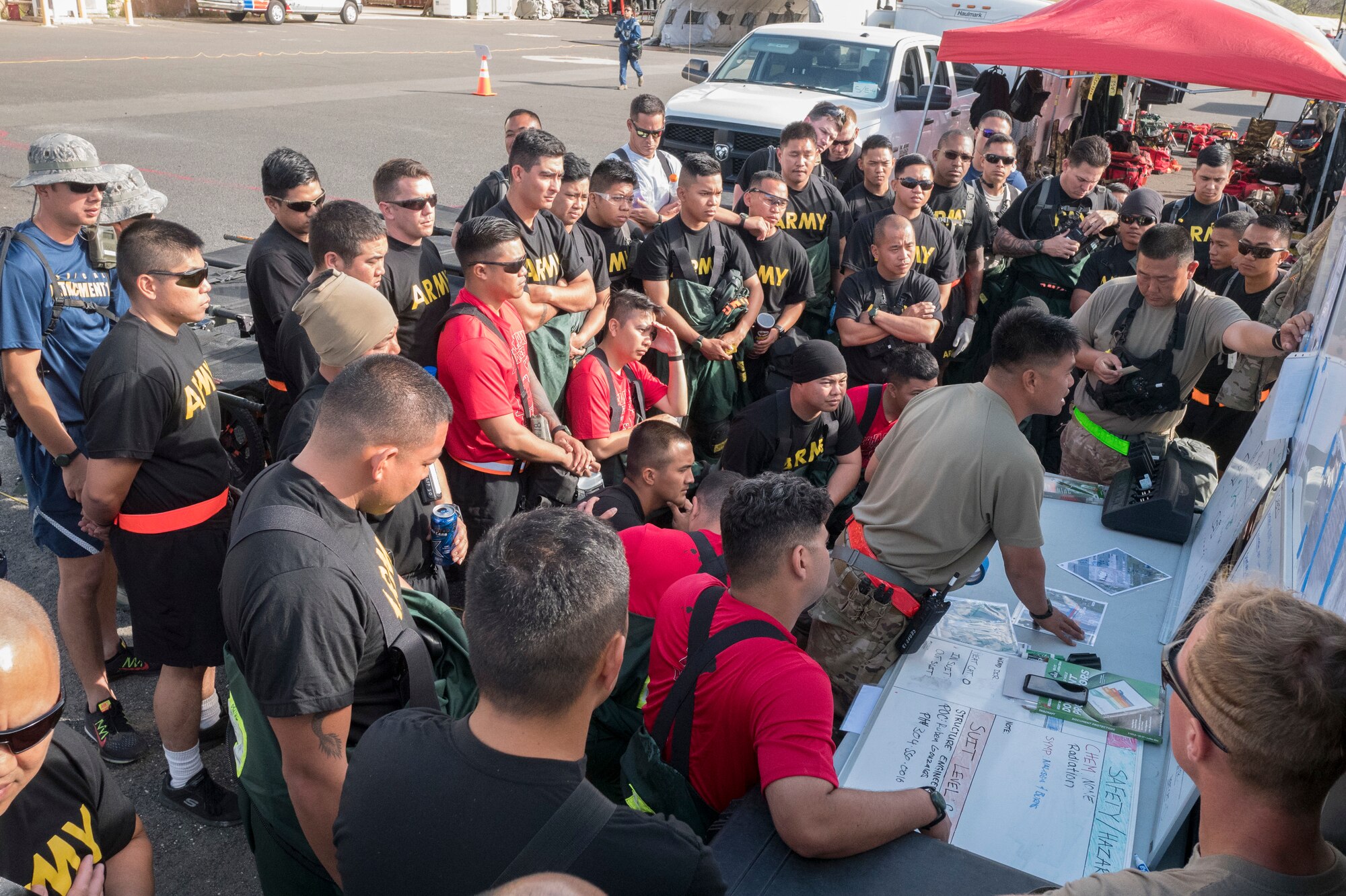 Search and extraction Airman and Soldiers from Hawaii’s Chemical, Biological, Radiological, Nuclear, and High-Yield Explosive, Enhanced-Response-Force-Package Team (CERFP) conduct a briefing during an evaluation exercise March 9, 2019, at Kalaeloa, Hawaii.