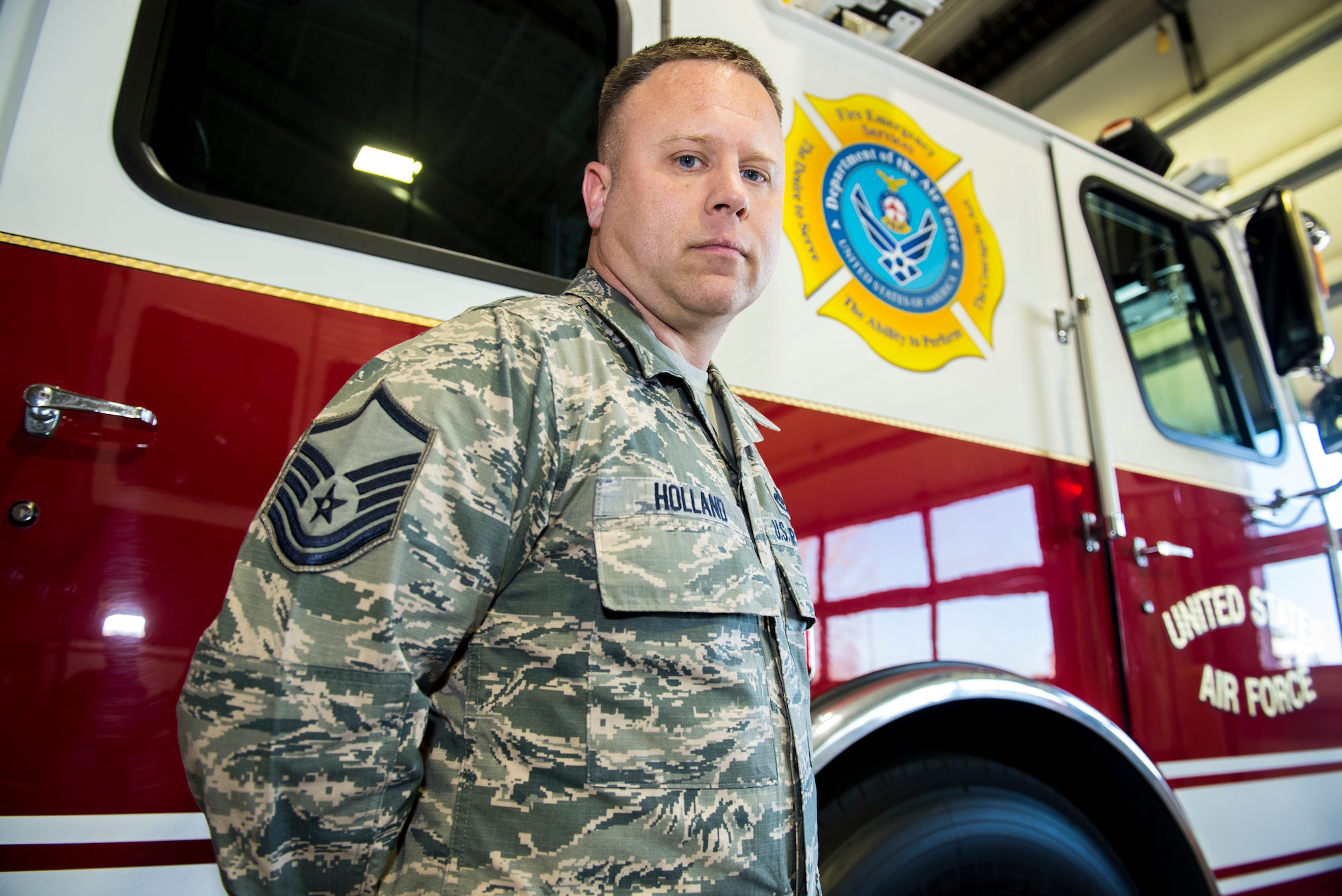 U.S. Air Force Master Sgt. Blaine Holland, 92nd Civil Engineer Squadron Fire Emergency Services superintendent, poses for a photo at Fairchild Air Force Base, Washington, March 19, 2019. Blaine was honored by the Spokane Fire Department for his actions in helping save the life of a car accident victim. (U.S. Air Force photo by Airman 1st Class Lawrence Sena)