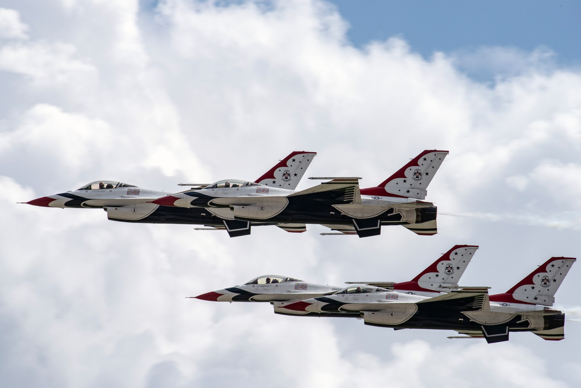 The U.S. Air Force Thunderbirds demonstration team arrive for the “Thunder Over the Bay” Air Show at Travis Air Force Base, California, March 30 - 31, 2019. In addition to the U.S. Air Force Thunderbirds aerial demonstration team, the two-day event will feature performances by the U.S. Army Golden Knights parachute team, flyovers, and static displays. The event honored hometown heroes like police officers, firefighters, nurses, teachers and ordinary citizens whose selfless work made their communities safer and enhanced the quality of life. (U.S. Air Force photo by David Cushman)