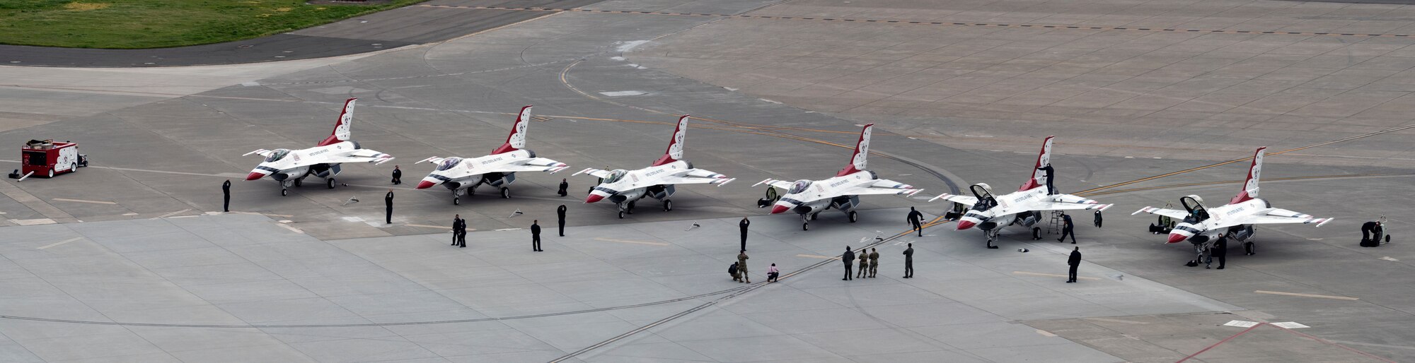 The U.S. Air Force Thunderbirds demonstration team arrive for the “Thunder Over the Bay” Air Show at Travis Air Force Base, California, March 30 - 31, 2019. In addition to the U.S. Air Force Thunderbirds aerial demonstration team, the two-day event will feature performances by the U.S. Army Golden Knights parachute team, flyovers, and static displays. The event honored hometown heroes like police officers, firefighters, nurses, teachers and ordinary citizens whose selfless work made their communities safer and enhanced the quality of life. (U.S. Air Force photo by David Cushman)