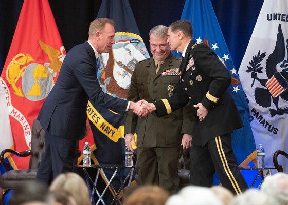 Acting Secretary of Defense Patrick M. Shanahan serves as the presiding official during the U.S. Central Command change of command ceremony in Tampa, Fla., March 28, 2019. Army Gen. Joseph L. Votel was relieved by Marine Corps Gen. Frank McKenzie, who previously served as the Director of the Joint Staff.