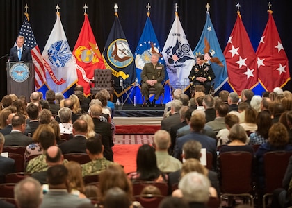 Acting Secretary of Defense Patrick M. Shanahan delivers remarks as the presiding official during the U.S. Central Command change of command ceremony in Tampa, Fla., March 28, 2019. Army Gen. Joseph L. Votel was relieved by Marine Corps Gen. Frank McKenzie, who previously served as the director of the Joint Staff.