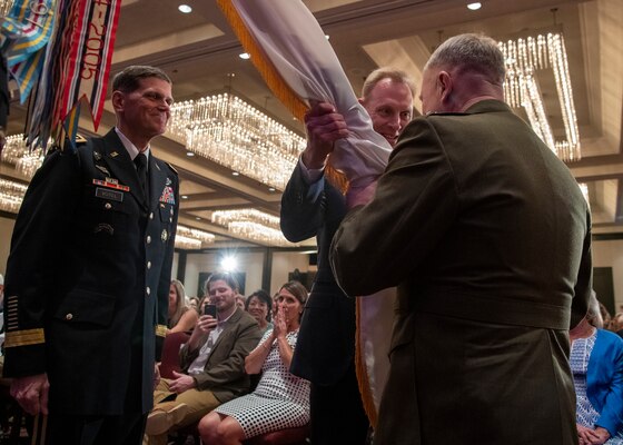 Acting Secretary of Defense Patrick M. Shanahan serves as the presiding official during the U.S. Central Command change of command ceremony in Tampa, Florida, March 28, 2019. Army Gen. Joseph L. Votel was relieved by Marine Corps Gen. Frank McKenzie, who previously served as the director of the Joint Staff.