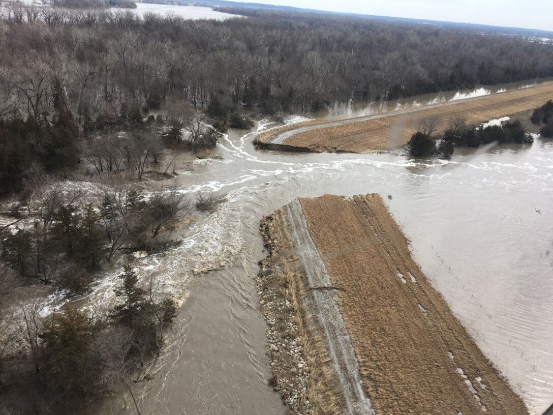 Photo documents the Clear Creek Levee breach resulting from the 2019 runoff event along the Missouri in Clear Creek, Nebraska March 22, 2019. (Photo by USACE, Omaha District)